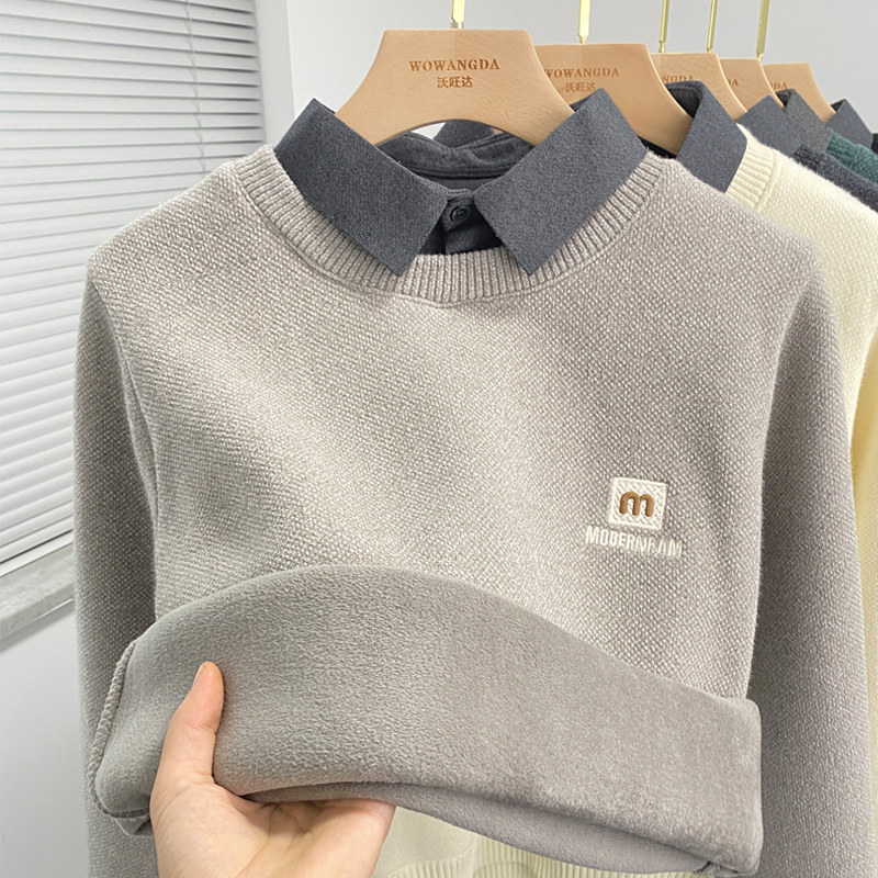 【一体绒】假两件毛衣男衬衫领加绒加厚雪尼尔针织打底衫上衣潮流