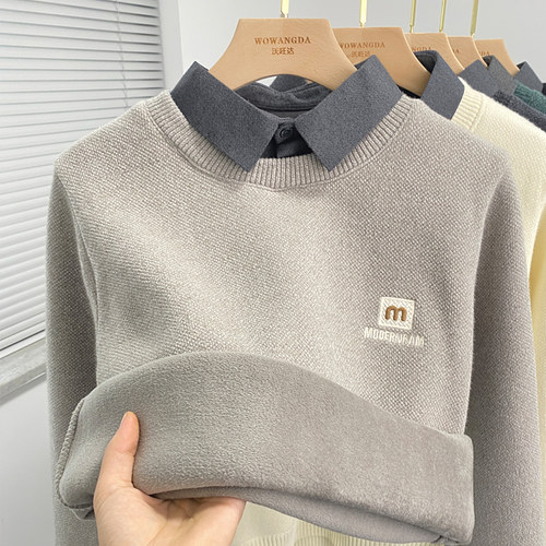 【一体绒】假两件毛衣男衬衫领加绒加厚雪尼尔针织打底衫上衣潮流