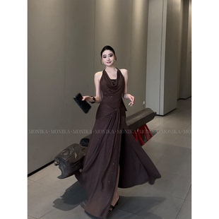 高级感绑带挂脖连衣裙女气质露背蕾丝亮片拼接荡领包臀裙子25115