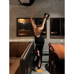 【名利场】性感露背包臀黑色挂脖吊带连衣裙气质晚礼服长裙25098