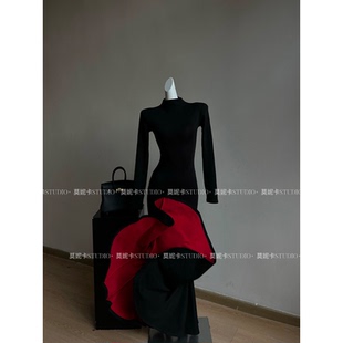 【红底步步生莲高领】秋冬高领套头鱼尾性感修身显瘦连衣裙25171