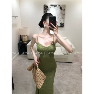 【牛油果】复古法式吊带绿色连衣裙收腰显瘦气质包臀鱼尾裙26075