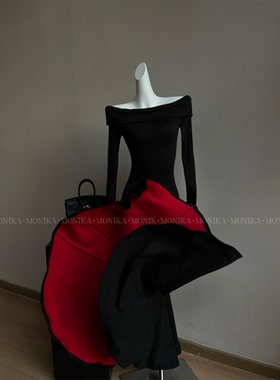 【红底步步生莲】秋冬一字肩不露背鱼尾显瘦气质包臀长裙25166