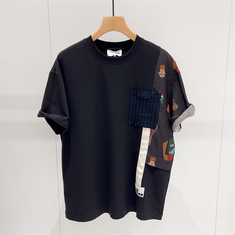 夏季亚麻拼接短袖T恤男潮牌