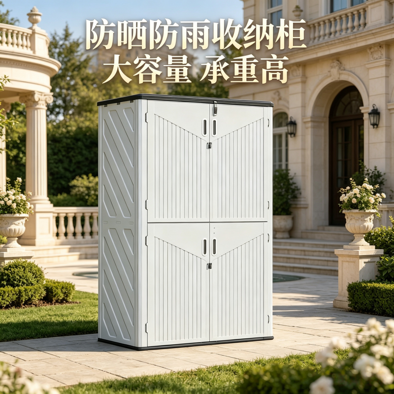 户外庭院高柜收纳柜HDPE材质可分区大容量防晒防雨带锁防水工具柜