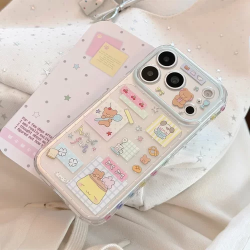 奶蓝小熊拼贴适用苹果17手机壳iphone18pro 可爱透明15侧边爱心16