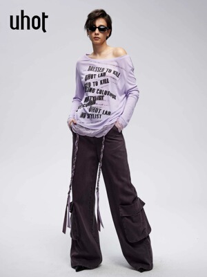 uhot/诱货26春紫色拼接蕾丝元素T恤街头风印花长袖上衣 UWLS3T072