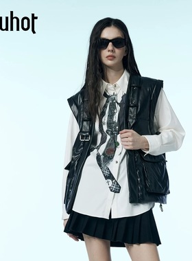 uhot/诱货黑色立体袋皮革量感羽绒马甲女鹅绒保暖25新款UWWW1W166