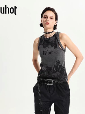 uhot/诱货灰黑色洗水蕾丝风印花背心女镂空绑带显瘦夏款UWWR5N231