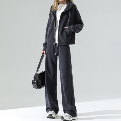 雪尼尔休闲运动套装女秋冬款2025新款加绒阔腿裤子卫衣外套两件套