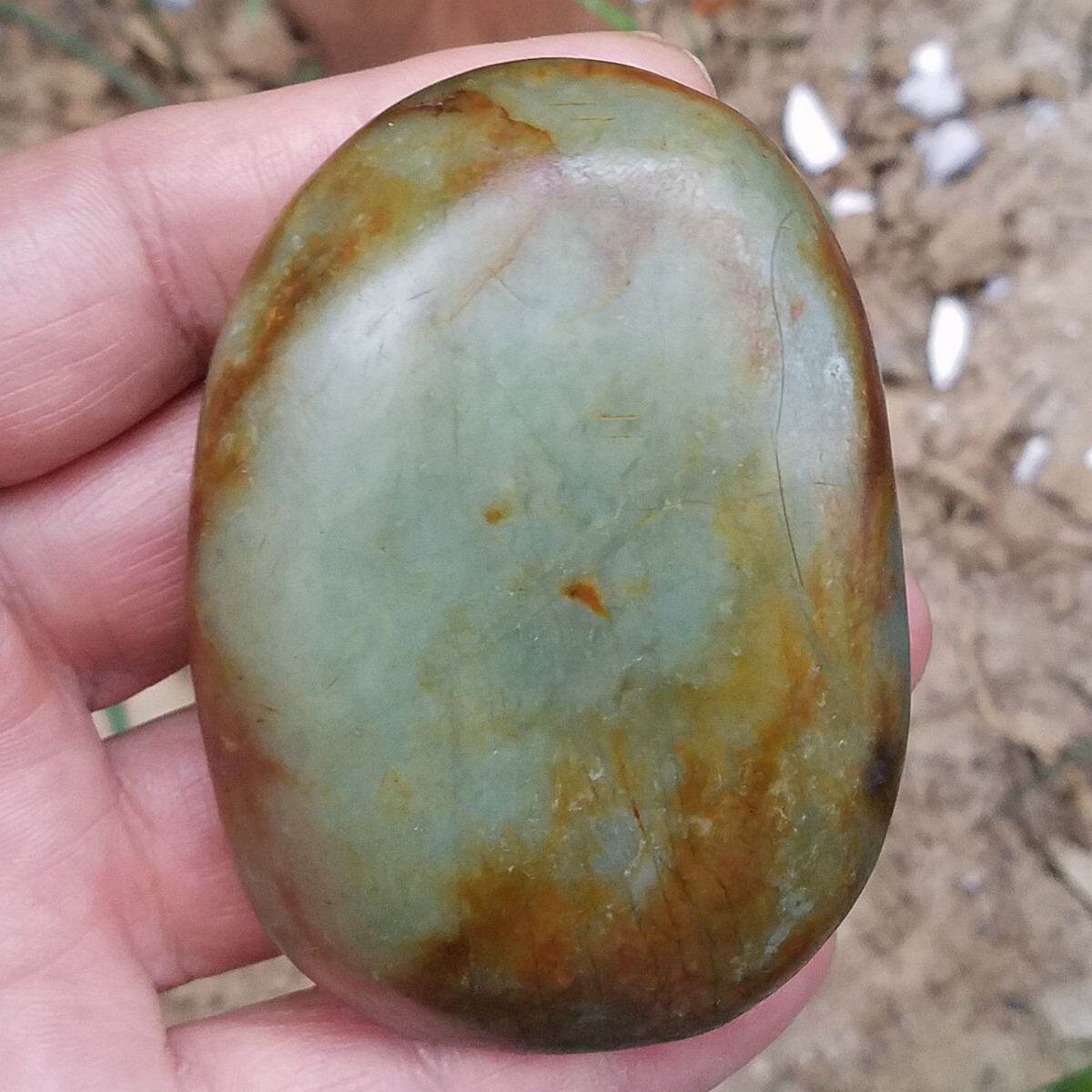 真皮鸭蛋青和田玉原石青花籽料毛料手把件269克82*58*28MM处理价