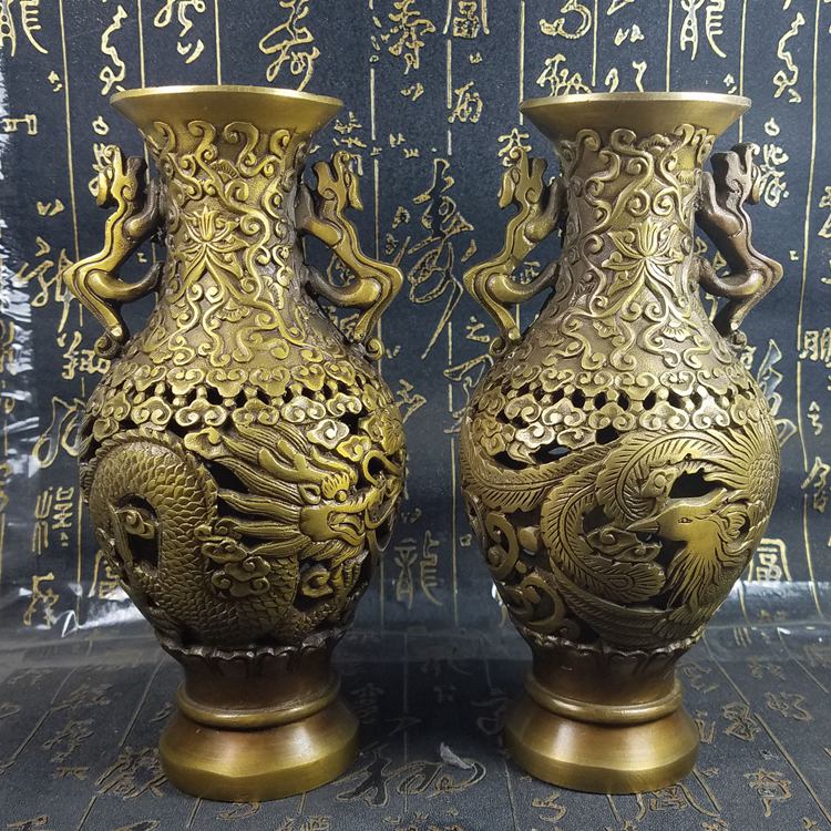 纯铜仿古龙凤花瓶摆件吉祥如意家居办公结婚祝福礼品摆设一对价格