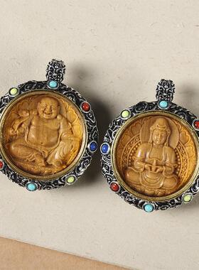 藏式复古弥勒佛/净瓶观音檀木雕刻坠子本命佛唐卡DIY毛衣链吊坠饰