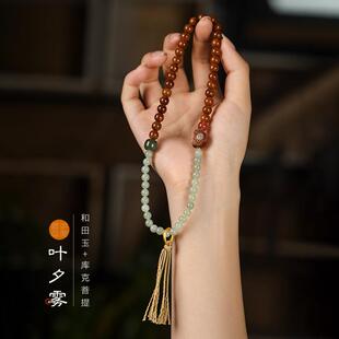 原创精品高抛库克圆珠拼晴水和田玉跑环编绳双圈男女情侣款 手链