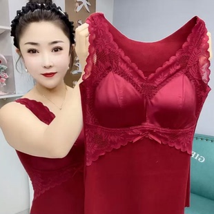 无痕保暖内衣磨毛加厚发热蕾丝打底带胸垫聚拢修身 保暖背心女秋冬