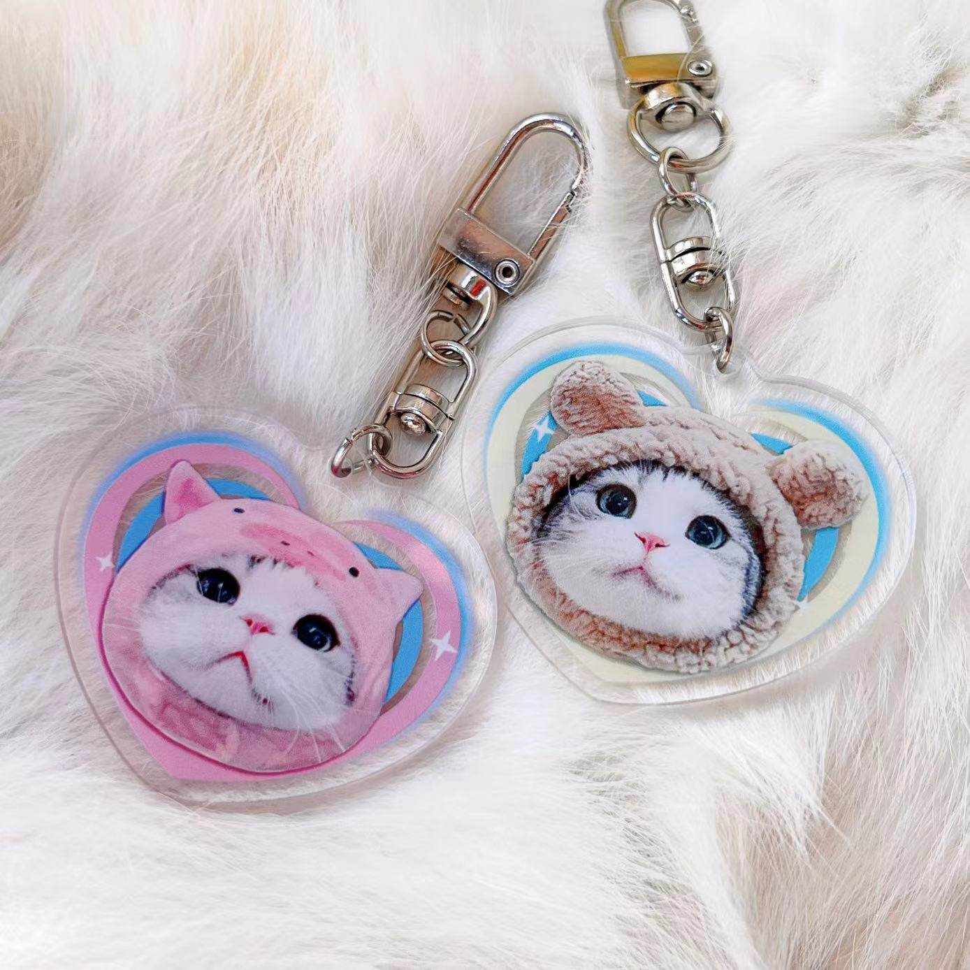 【预售】泡芙钥匙扣挂件亚克力小猫头像包包钥匙链双面高清双层