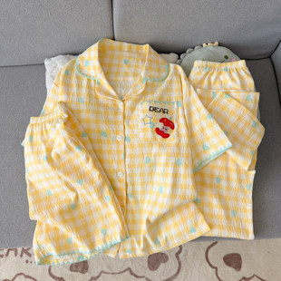 三件套家居服春秋 长短裤 睡衣女夏季 带胸垫云朵棉可爱显白黄色短袖