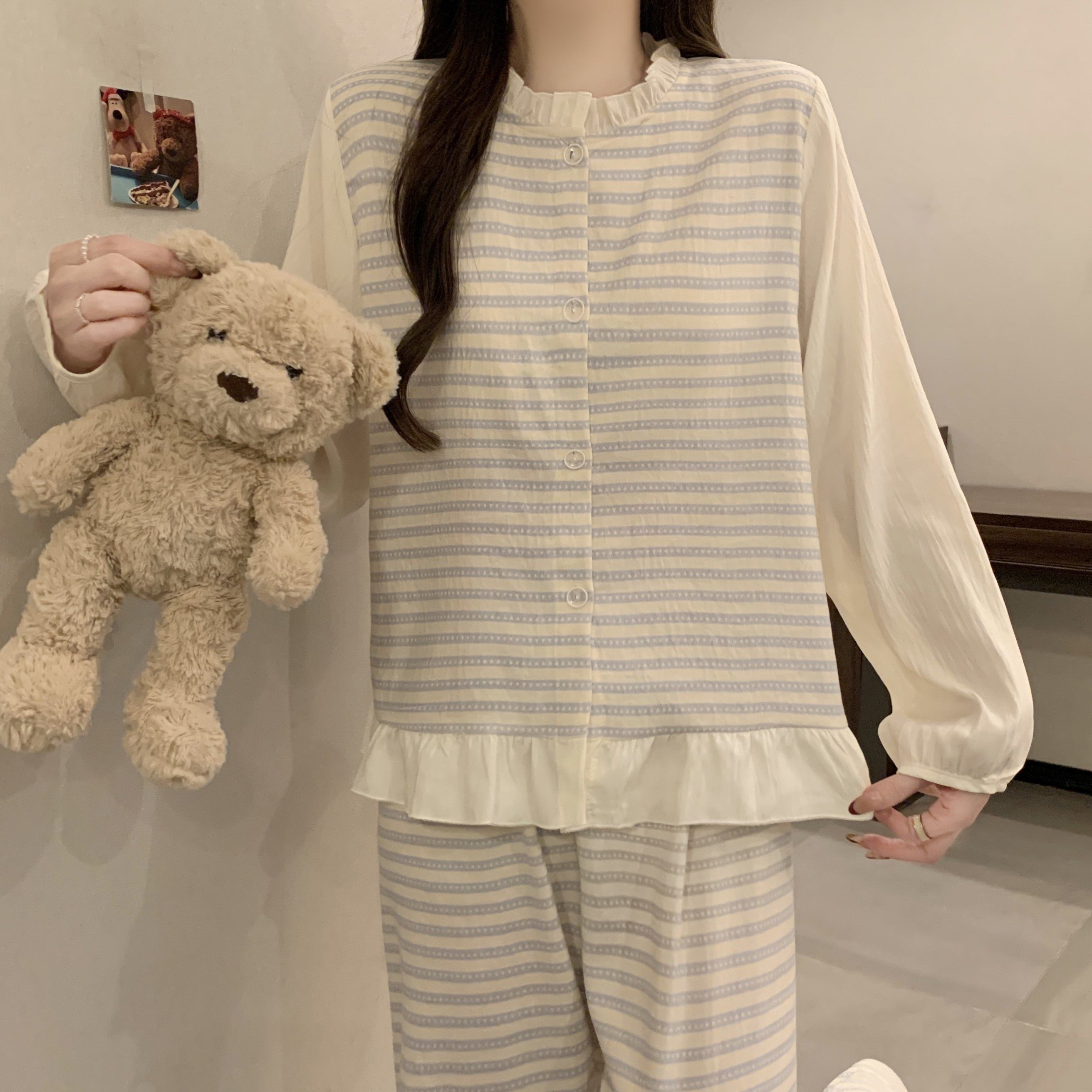 条纹长袖睡衣女款春秋2026新款云朵棉带胸垫长袖套装家居服可外穿,女士内衣/男士内衣/家居服,睡衣/家居服套装,淘宝优惠券,粉丝福利购,淘宝优惠卷