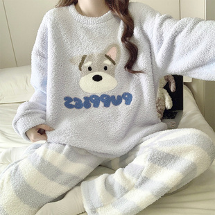 2025款巨好看睡衣女秋冬季半边绒卡通小狗加绒加厚保暖家居服套装