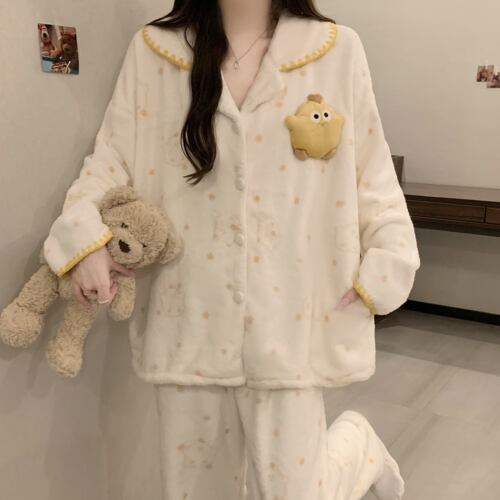 珊瑚绒睡衣女秋冬加绒加厚保暖套装可爱卡通开衫宽松法兰绒家居服
