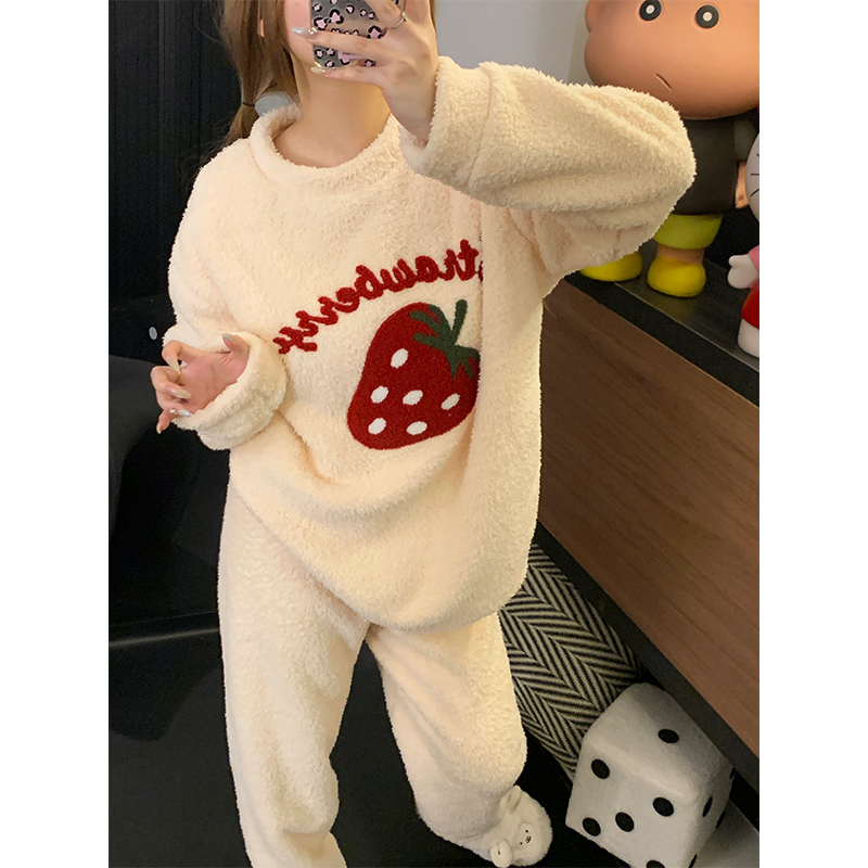 半边绒大草莓软绵绵睡衣女秋冬季