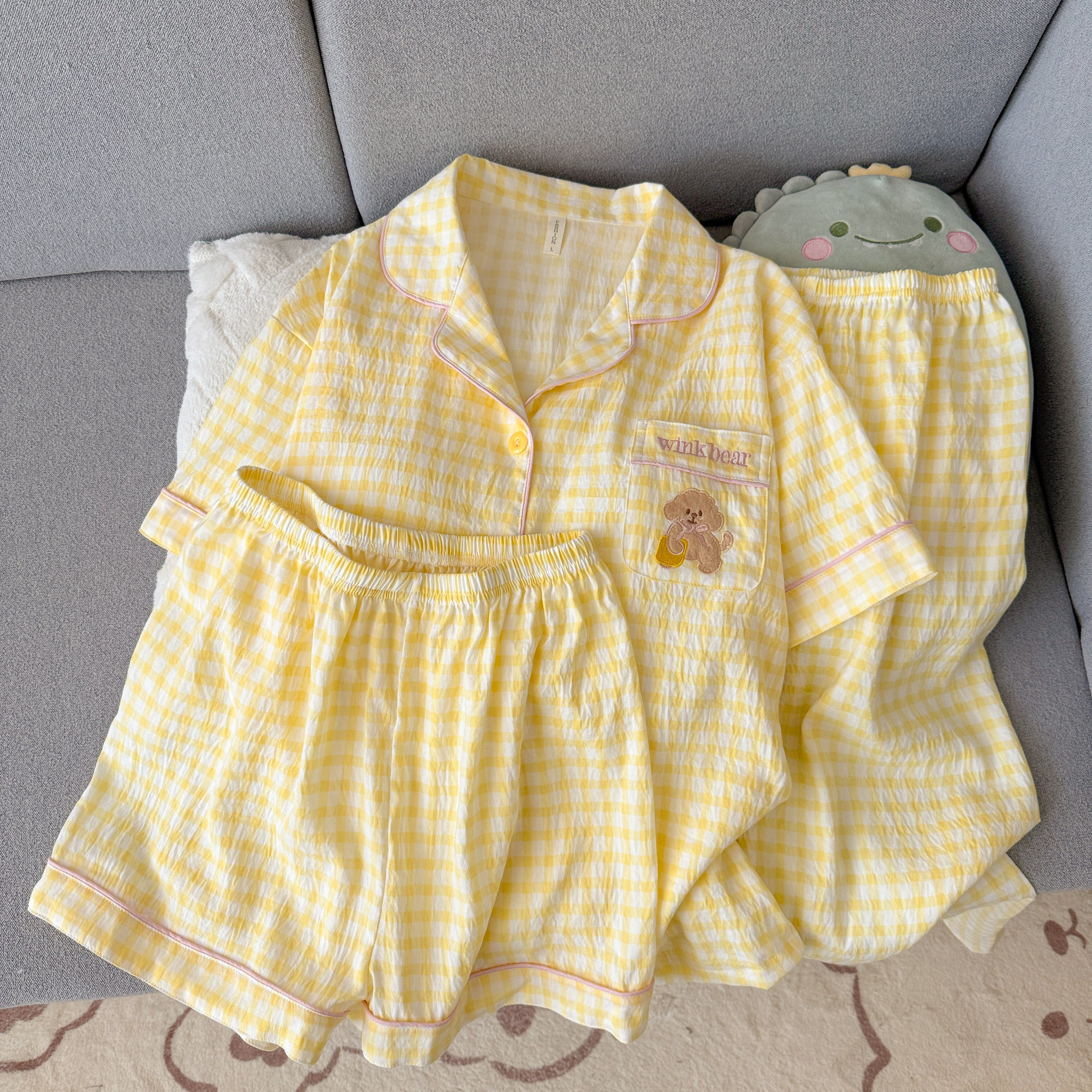 短袖睡衣女夏2026新款格子云朵棉带胸垫三件套装薄款家居服春秋