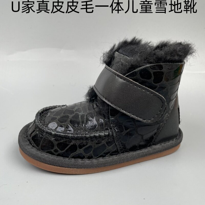 品牌外贸公司单真皮皮毛一体小童儿童雪地靴冬保暖防滑魔术贴短靴