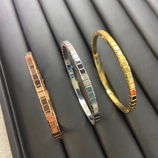 小冰块手镯纯银高级感小方块玫瑰金素圈窄版排钻叠戴情侣手环礼物