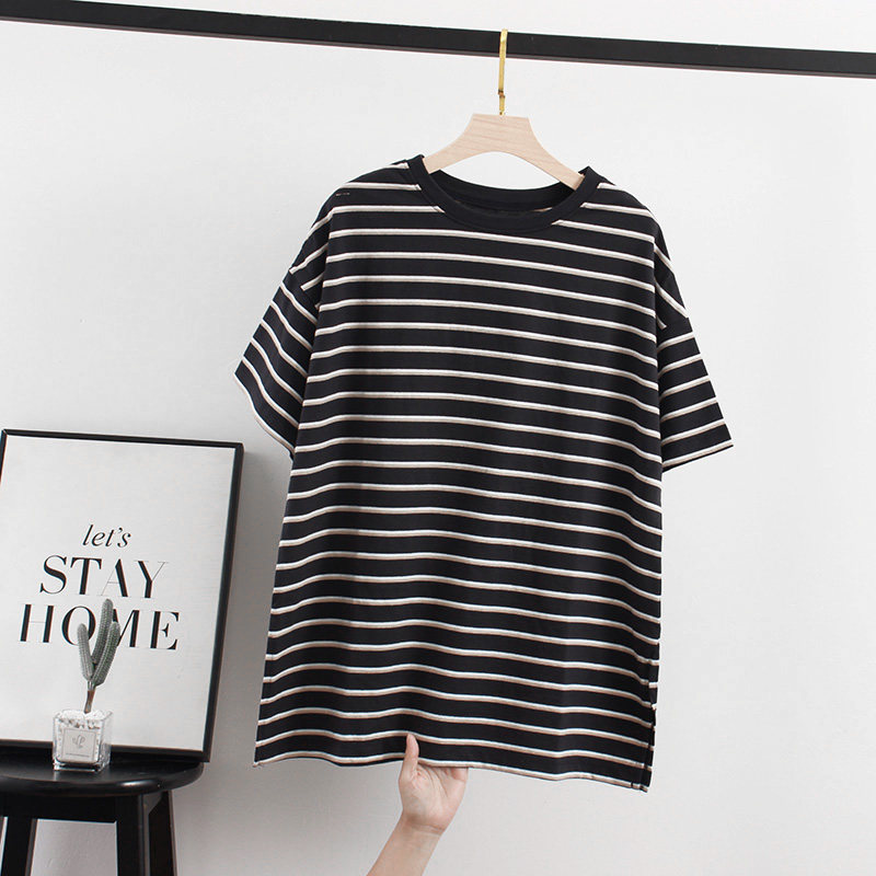 日单外贸纯棉女夏季条纹宽松短袖T恤可穿至160斤圆领落肩休闲上衣,女装/女士精品,T恤,淘宝优惠券,粉丝福利购,淘宝优惠卷