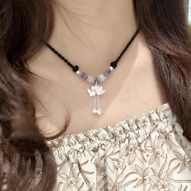 999纯银莲花足银锁骨链编织国风项链女吊坠两世欢荷花节日礼物