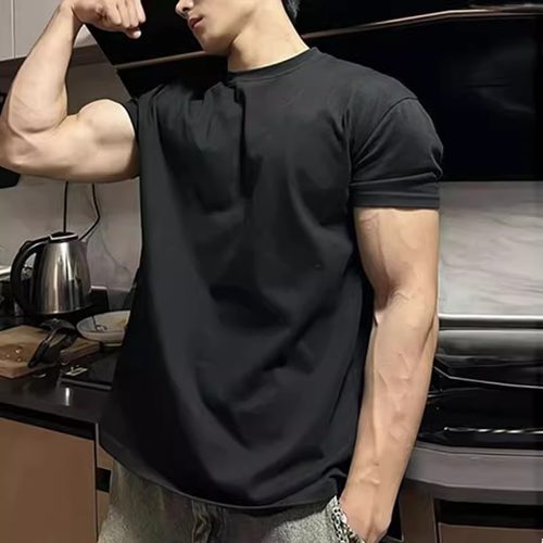 运动t恤男生短袖夏季新款美式小领口重磅显肌肉撸铁兄弟健身半袖