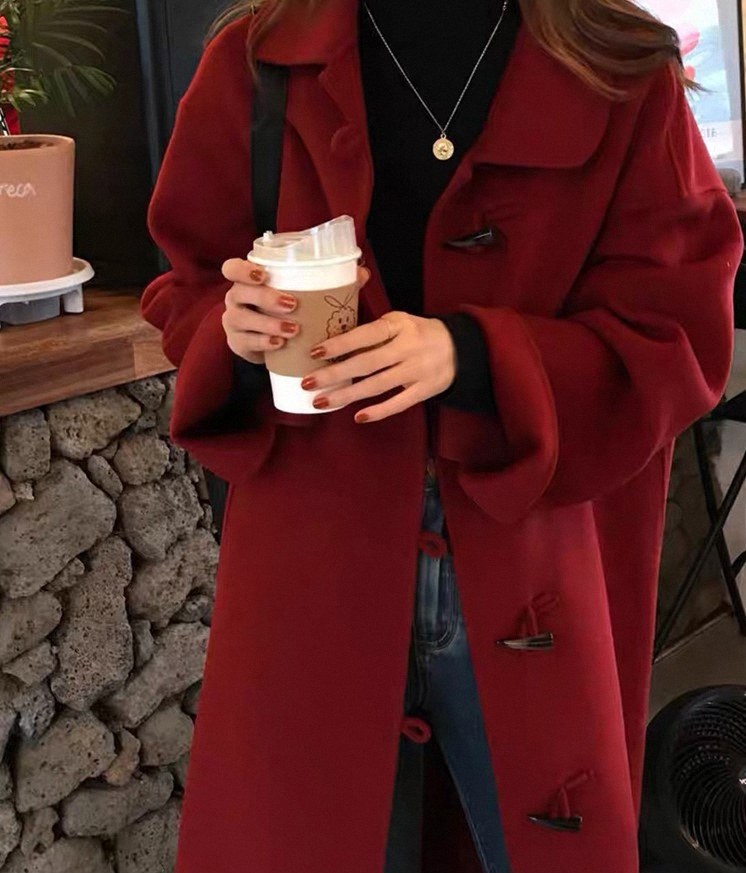 红色牛角扣双面羊绒大衣女2025新款秋冬季小个子宽松加厚毛呢外套