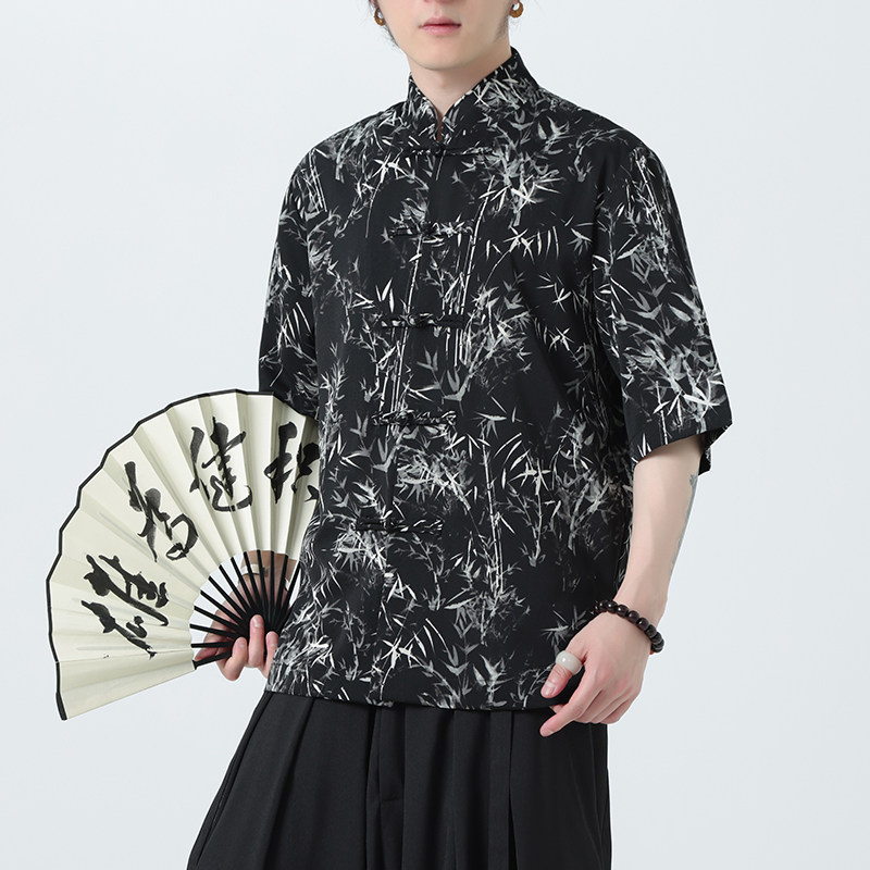 风夏季水墨印花薄款透气短袖新中式盘扣衬衫A321-C636-P50,男装衬衫,电商A321-1（原钱塘6020）