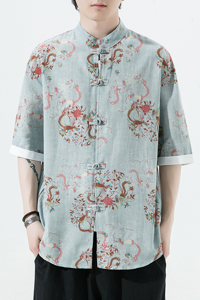 风夏季短袖衬衫汉服休闲大码印花男上衣唐装A321-1-C628-P50,男装衬衫,电商A321-1（原钱塘6020）