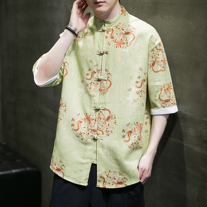 风夏季短袖衬衫汉服休闲大码印花男上衣唐装A321-1-C628-P50,男装衬衫,电商A321-1（原钱塘6020）