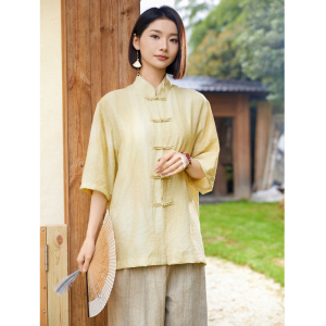 风唐装柳染亚麻短袖衬衫轻薄透气新中式汉服A321-1-C651-P75图片