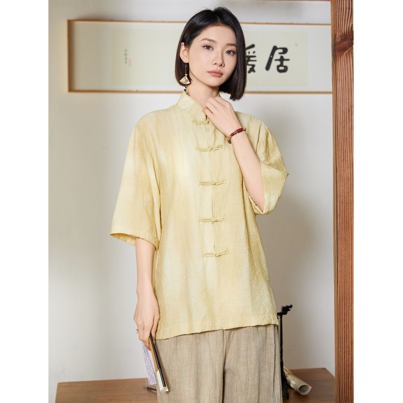 风唐装柳染亚麻短袖衬衫轻薄透气新中式汉服A321-1-C651-P75,男装衬衫,电商A321-1（原钱塘6020）