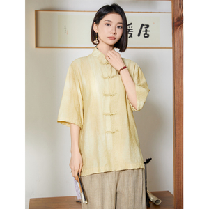 风唐装柳染亚麻短袖衬衫轻薄透气新中式汉服A321-1-C651-P75图片