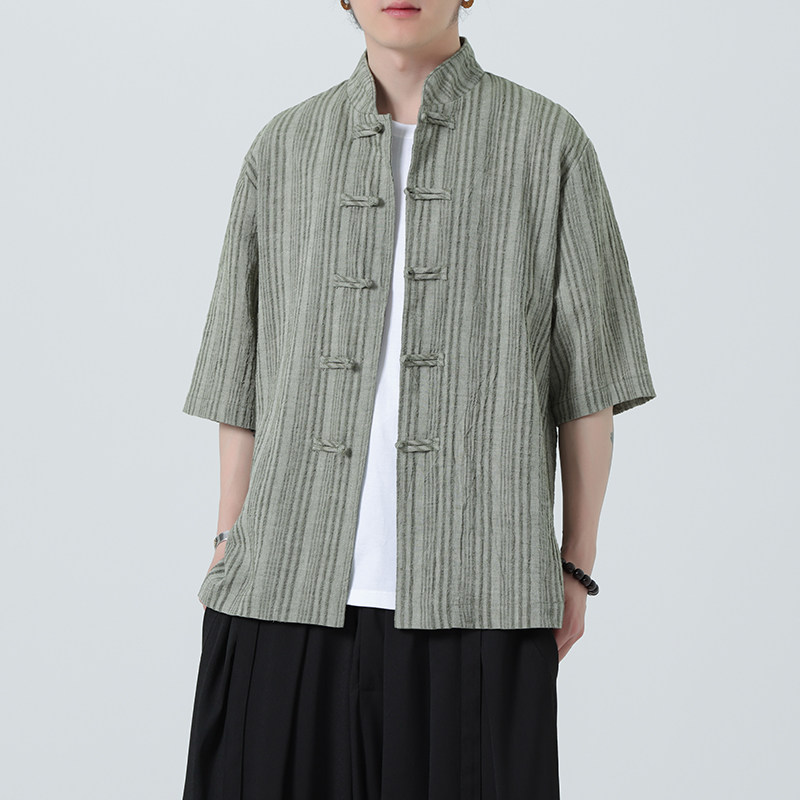 风衬衫男夏季大码中式棉麻衬衣唐装上衣汉服A321-1-C657-P70,男装衬衫,电商A321-1（原钱塘6020）