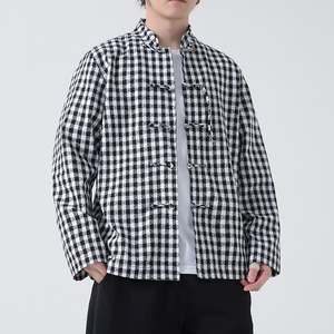 春夏中式亚麻棉麻啊格子长袖衬衫大码风汉服A321-1-C632-P75图片