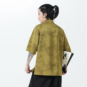 风冰丝短袖水墨印花中式休闲唐装大码衬衫A321-1-C662-P70图片