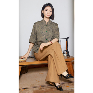 风夏季亚麻透气衬衫印花中式唐装汉服衬衣A321-1-C656-P75图片