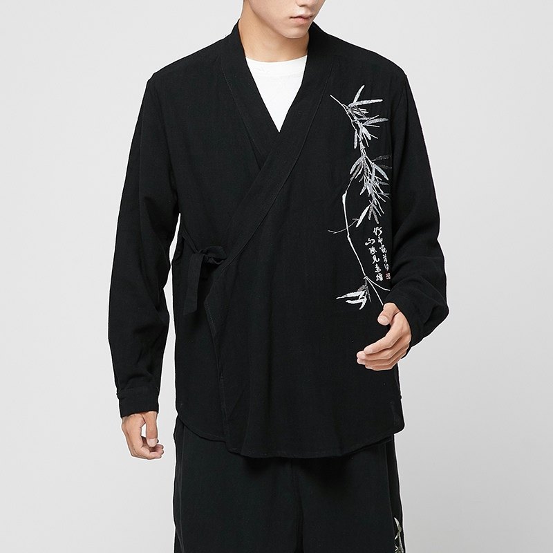 亚麻长袖衬衫开衫道袍汉服和服风男装外套刺绣A321-1F02-P70图片