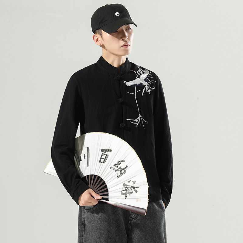 风男装鹤刺绣棉麻长袖衬衫中式盘扣立领唐装A321-1-C626-P70,男装衬衫,电商A321-1（原钱塘6020）