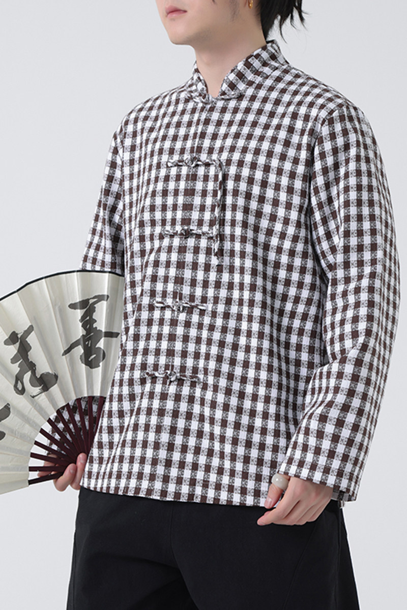 春夏中式亚麻棉麻啊格子长袖衬衫大码风汉服A321-1-C632-P75,男装衬衫,电商A321-1（原钱塘6020）