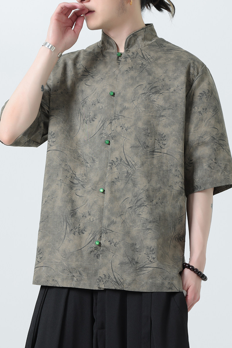 风夏季亚麻透气衬衫印花中式唐装汉服衬衣A321-1-C656-P75,男装衬衫,电商A321-1（原钱塘6020）