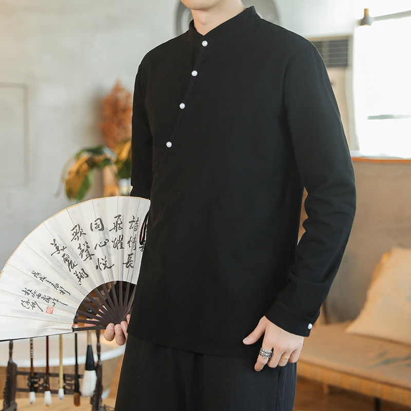 风春秋款棉麻长袖T恤男社会精神小伙衬衣A321-1-CS88-P50,男装T恤,电商A321-1（原钱塘6020）