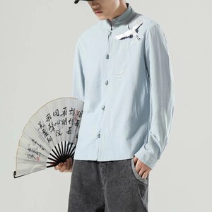 风男装刺绣棉麻长袖衬衫中式盘扣立领唐装A321-1-C626-P70,紫色衬衫开叉搭配什么裤子图片