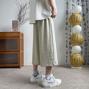 新中式夏季宽松直筒垂感七分阔腿风亚麻男裤A321-1-K937-P60图片