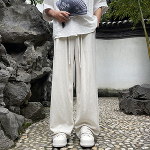 夏季新中式垂感长裤宽松阔腿风亚麻拖地裤A321-1-K938-P70图片
